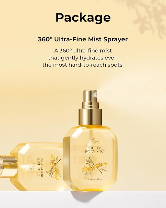 BOM Chiffon Vanilla Perfume Body Mist 3.71 Fl Oz, Vanilla Scented Fine Mist with Hyaluronic Acid, Niacinamide & Vitamin C, Hydrating, Lightweight Spray with Long-Lasting Fragrance, Korean Skincare
