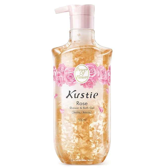 Kustie Rose Anti-Aging Body Wash, Real Petals & Rose Oil, 24H Fragrance & Deep Moisturizing, Clear Free Radicals Cleanse Perfume Shower Gel for Dry & Mature Skin with Pump Bottle, 16.9 fl oz
