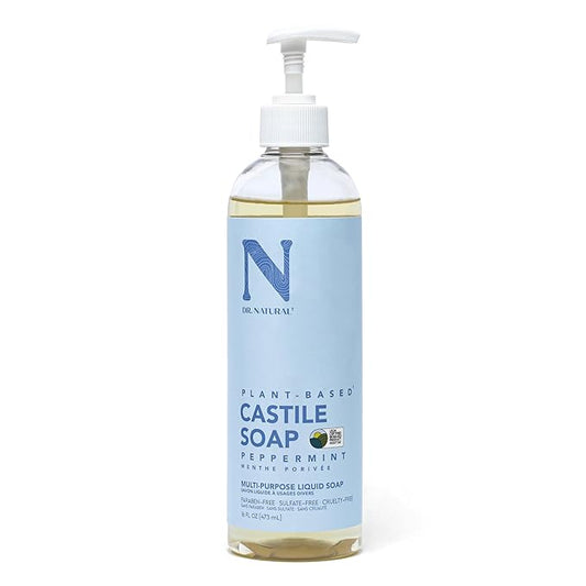 Dr. Natural Castile Liquid Soap - Multi-Use Body Wash, Shampoo and Face Wash - Hydrating Body Soap for Skin, Hair, Pets and Home - Peppermint - 16 oz
