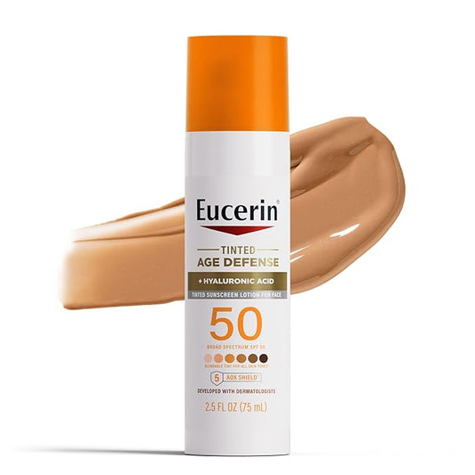 Eucerin Sun Tinted Age Defense Face Sunscreen Lotion SPF 50 with Hyaluronic Acid, Tinted Sunscreen for Face, Blendable Tint for All Skin Tones, Non Comedogenic and Hypoallergenic, 2.5 Fl Oz Bottle