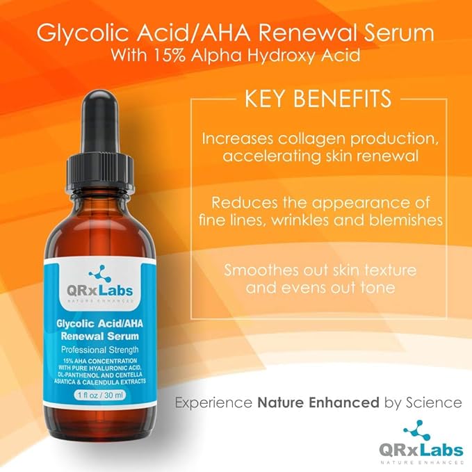 QRxLabs Glycolic Acid Renewal Face Serum - 1 fl oz - Anti-Aging, Brightening & Exfoliating Treatment for Dark Spots, Fine Lines & Wrinkles - Skincare