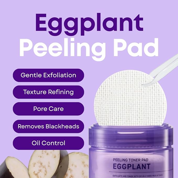 Eggplant Peeling Toner Pads – Korean Toner Pads Exfoliating, Dual Action for Pore Care & Skin Barrier, Improves Rough and Dull Skin, Removes Dead Skin & Blackheads, Dual Side Cotton, 50 Pad