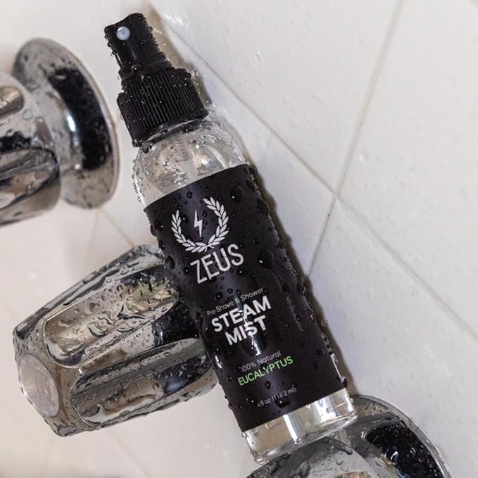 ZEUS 100% Natural Eucalyptus Oil Steam Mist, Aromatherapy Spray for Shower, Sauna, Bath & Pre-Shave, Nasal Relief & Spa-Inspired Refreshment (Made in USA) 4 oz.