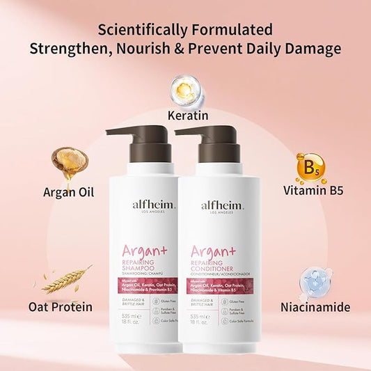 Alfheim Argan Repairing Shampoo & Conditioner | Sulfate-Free, Paraben-Free | Argan Oil, Keratin & Niacinamide for Dry, Damaged, Color-Treated Hair | Moisturizing, Strengthening & Frizz Control|18oz*2
