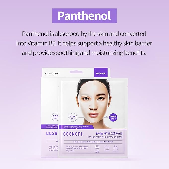 COSNORI Panthenol Hydrogel Mask [6 Pack] - Calming & Hydrating, Supports Skin Texture, Moisturizing, Skin Comfort, Korean Facial Mask for Sensitive Skin, 0.98 oz(28g)