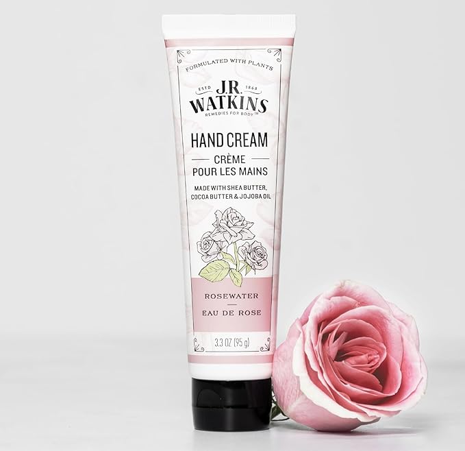 J.R. Watkins Natural Moisturizing Hand Cream, Hydrating Hand Moisturizer with Shea Butter, Cocoa Butter, and Avocado Oil, Cruelty Free, 3.3oz, Rosewater, 3 Pack