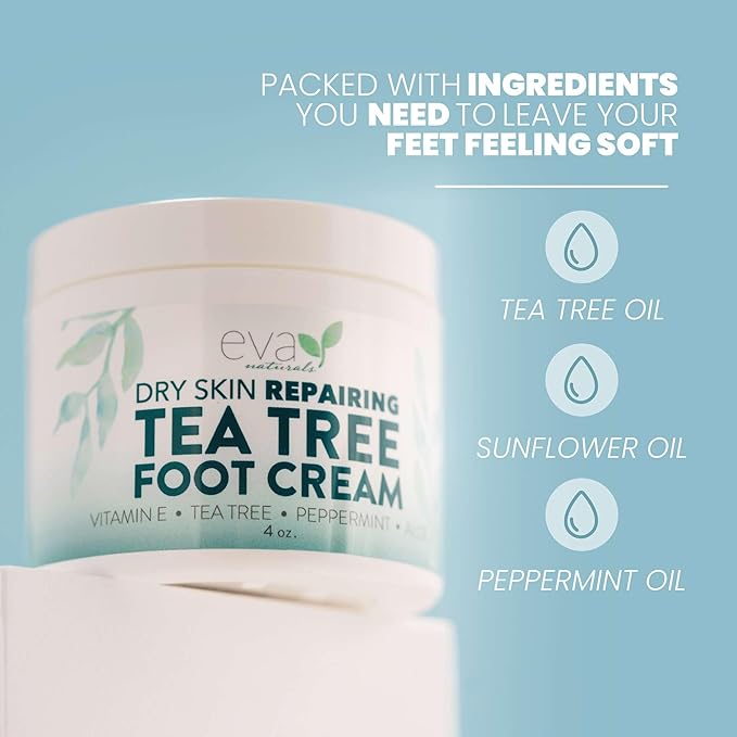 Eva Naturals Tea Tree Foot Cream – Moisturising Foot Lotion & Balm for Dry, Cracked Heels & Feet with Peppermint, Menthol, Spearmint, Aloe, Sunflower Oil & Geranium – Cream for Men & Women, 4 Fl Oz