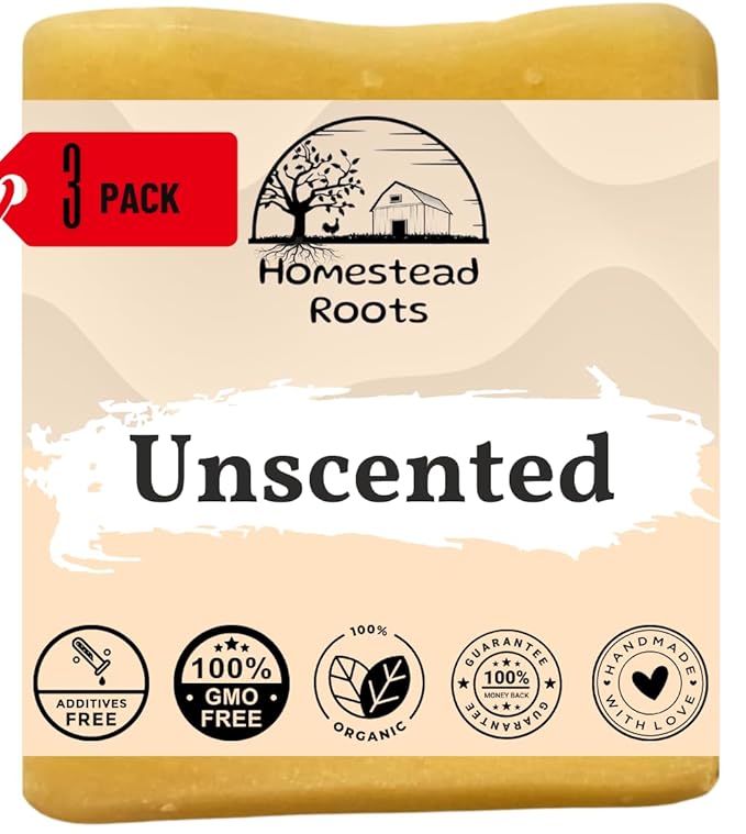 -Unscented- Handcrafted with Grass-Fed Beef Tallow and Organic Oils - Scented with Organic Essential Oils - Artisanal Bar Soap - 3 Pack - Each Bar Unique (Unscented)