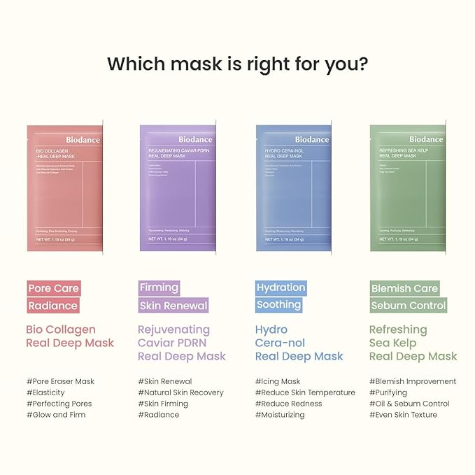 BIODANCE Multi-Care Experience Kit: Caviar PDRN, Bio Collagen, Cera-nol & Sea Kelp Real Deep Gel Mask Dicovery Bundle — Glass Skin, Plumping Hydration, Firming, Calming All-in-one Korean Skincare Set