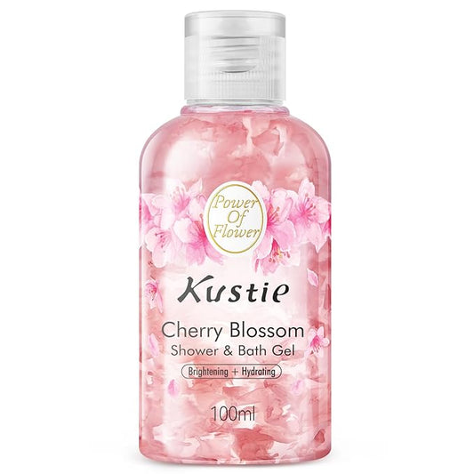 Kustie Cherry Blossom Travel Size Body Wash 100ml – Brightening & Hydrating Perfume Shower Gel with Niacinamide, Real Petals & 24H Floral Fragrance – TSA Approved for Travel, Trial & Gift Use
