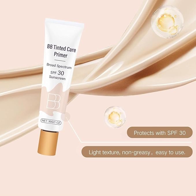 BB Tinted Moisturizer SPF 30, BB Tinted Care Primer, BB Tinted Care Primer with Brush, Full Coverage Light Medium Skin Tone Moisturizing and Smoothing (Natural*1 with Brush)