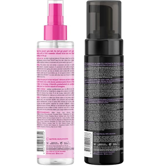 b.tan Violet Self Tan Foam & Face Mist Kit | Lovers Bundle - Dark Sunless Tanning Mousse, Bronzing Glow Gradual Facial + Body Spray, Mitt Applicator, 1 Hour Express, No Fake Tanner Smell, 6.7 Fl Oz