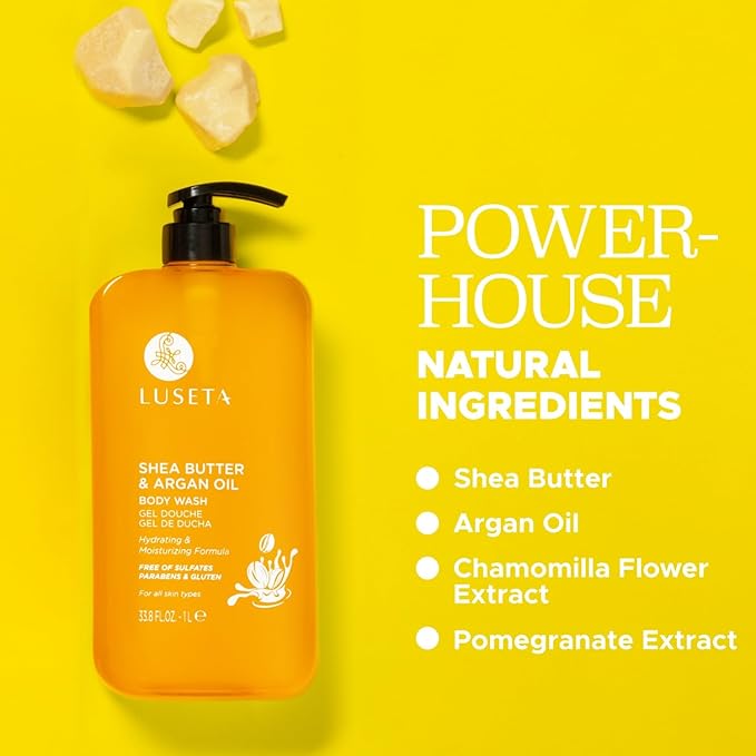 Luseta Shea Butter & Argan Oil Body Wash for Hydrating, Nourishing & Softening, for Daily Moisture, Smoothness & Gentle Cleanse for Dry and Dehydrated Skin, Sulfate & Paraben-Free 33.8oz