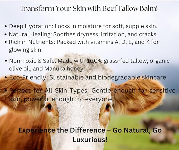 100% Grass-Fed Beef Tallow Balm, Manuka Honey MGO 263+, Organic Beeswax & Olive Oil, Beef Tallow for skin,Handmade Moisturizer for Dry Skin, Eczema Relief, & Healing Skin(2oz)