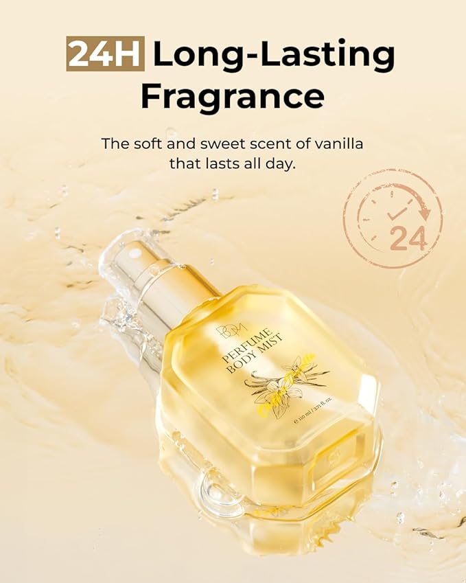 BOM Chiffon Vanilla Perfume Body Mist 3.71 Fl Oz, Vanilla Scented Fine Mist with Hyaluronic Acid, Niacinamide & Vitamin C, Hydrating, Lightweight Spray with Long-Lasting Fragrance, Korean Skincare