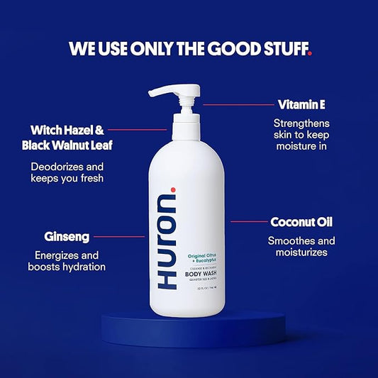 Huron Jumbo Shower Kit - Shampoo, Conditioner, & Body Wash For Men - Citrus + Eucalyptus Scent - Hydrating & Nourishing Men’s Shampoo & Conditioner (30.3 Oz Each)
