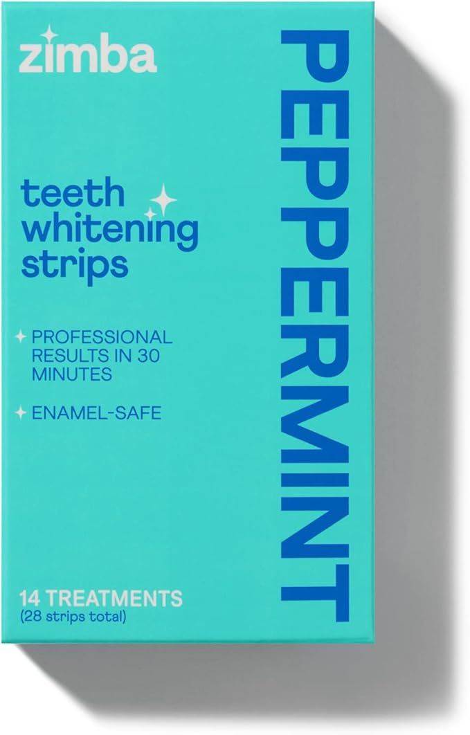 Zimba Peppermint Flavored Teeth Whitening Strips | Vegan, Enamel Safe Hydrogen Peroxide Teeth Whitener for Coffee, Wine, Tobacco, and Other Stains | 14 Day Treatment | Peppermint