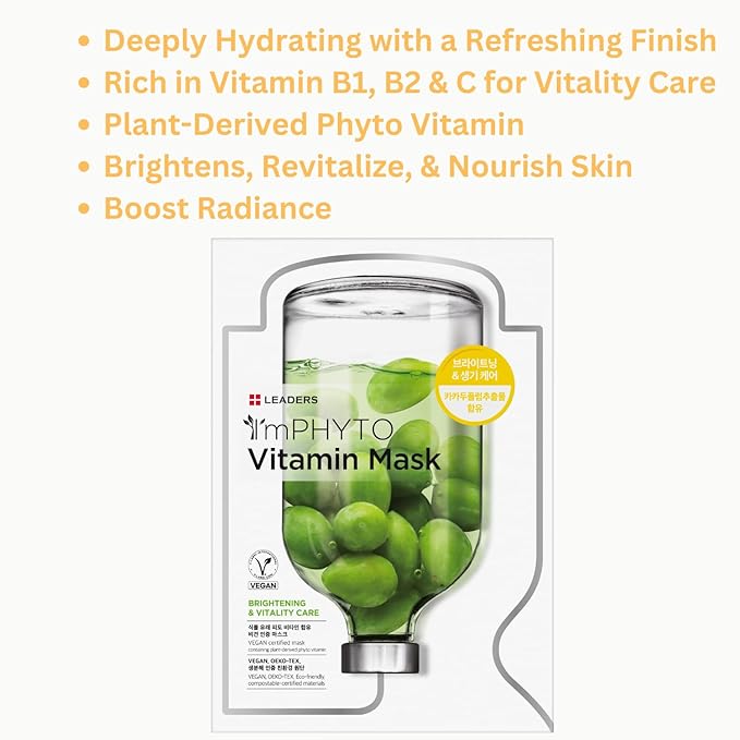 I'MPHYTO Leaders Facial Mask 10 Sheet Vitamin Vegan Mask | Vitality Skin Care | Plant-Based Ingredient from Kakadu Plum Extract | Enriched with Vitamin B1, B2 & C | Natural Cellulose Sheet