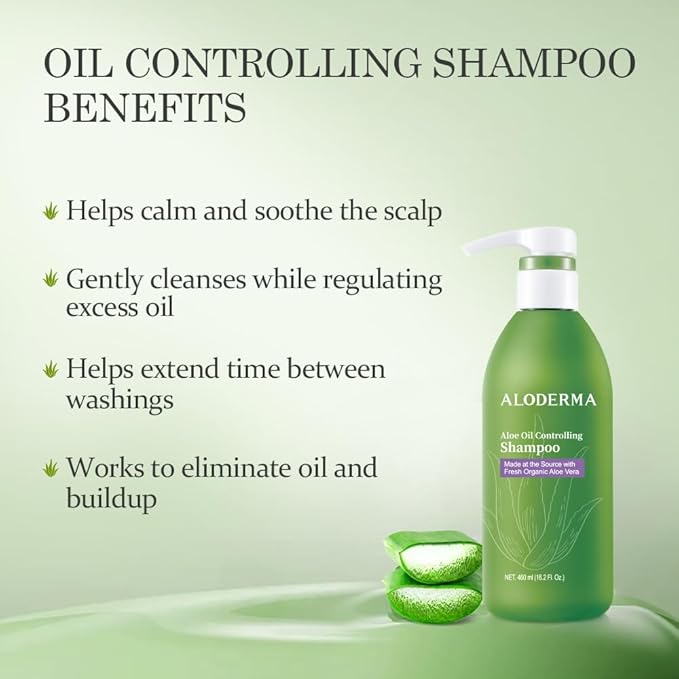 Aloderma Oil Controlling Shampoo Made with Freshly Harvest, Organic Aloe Vera for Oily Hair & Scalp - Infused with Tea Tree Oil and Willow Bark Extract to Gently Cleanse Build Up Without Drying - 16oz