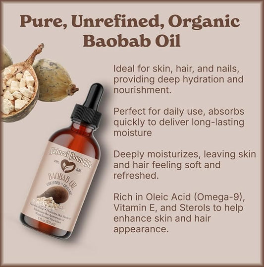 Natural Born Oils 4oz Baobab Oil, 100% Pure and Natural, Organic, Cold-pressed, Unrefined, Non-comedogenic, Moisturizing, Includes Pump & Dropper