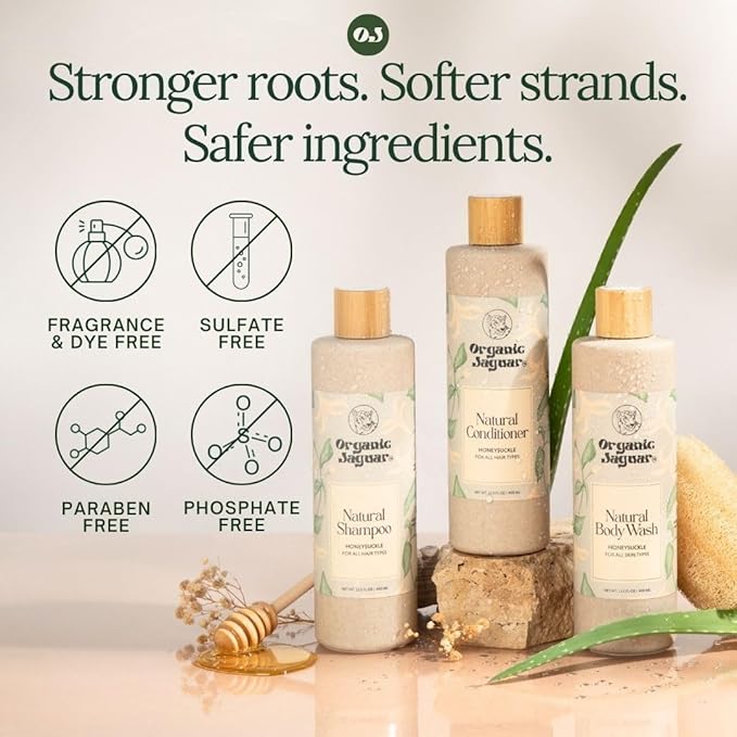 Organic Jaguar Natural Shampoo for Hair Care, Sulfate Free Shampoo with Castor Oil, Honeysuckle, Glycerin, Aloe Vera & Mild Thickening Agent, Dry to Color Treated to All Hair, 13.5 fl oz