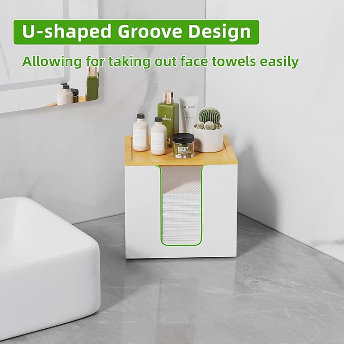 VITVITI Disposable Face Towel Holder Containers, Metal Iron Facial Clean Towels Box for XL Clean Skin Club, Large Capacity With Bamboo Lid for Bathroom, White