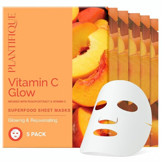 PLANTIFIQUE Facial Sheet Mask Vitamin C Glow 5 Pack – Rejuvenating & Glowing Face Mask Sheets Pack with Peach & Vitamin C – Korean Skincare for Dull Skin