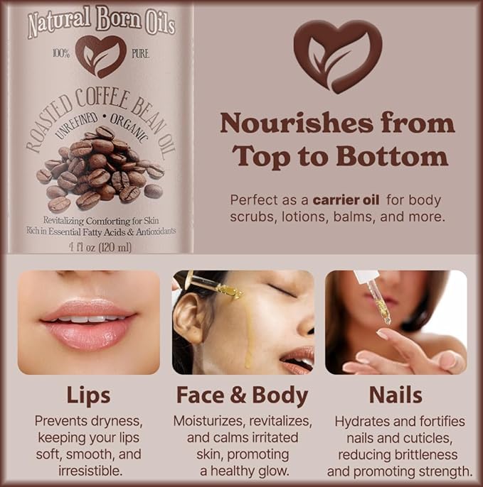 Natural Born Oils Roasted Coffee Bean Oil, 8oz, Organic, Cold-Pressed, Vitamin-Rich, Skin Radiance Enhancer, Hair Conditioner