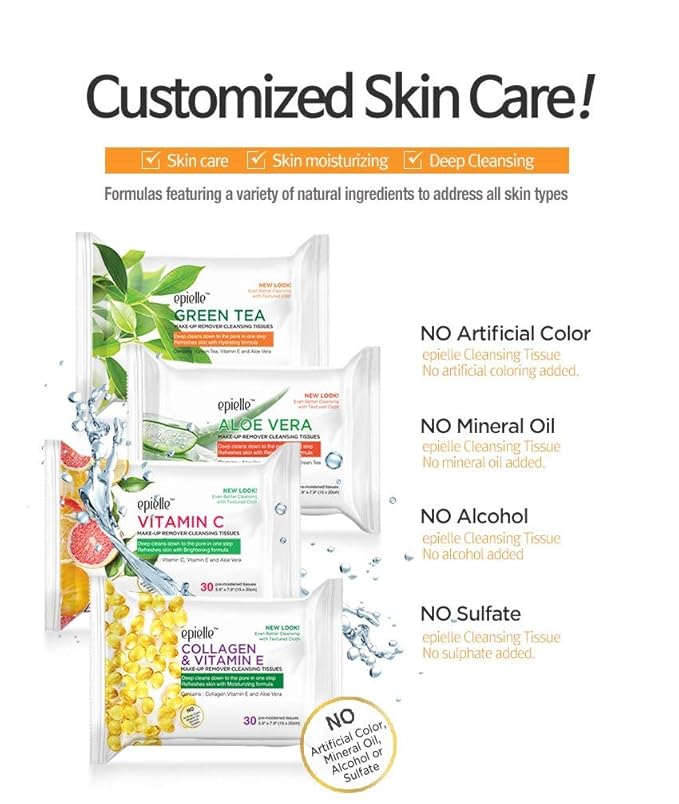 Epielle New Makeup Remover Cleansing Wipes Tissue - Cucumber 30 Count 6 Pack | Gentle for all Skin Types | Daily Facial Cleansing Towelettes | Removes Dirt, Oil, Makeup (Vitamin C)