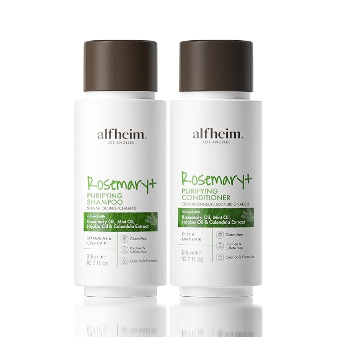 Alfheim Rosemary+ Purifying Shampoo & Conditioner Set | Rosemary & Peppermint Oil for Scalp Refresh & Oil Control | Jojoba & Calendula for Hydration & Shine | Sulfate-Free, Color-Safe | 10.7 oz Each