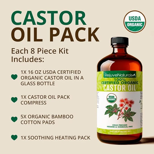 Castor Oil Pack - 8 Piece Complete Kit. Includes 16oz Glass Bottle of Organic Castor Oil, Easy to use Organic Cotton Compress with Adjustable Fit, 5 Soft Cotton Pads & Soothing Heat Pack..