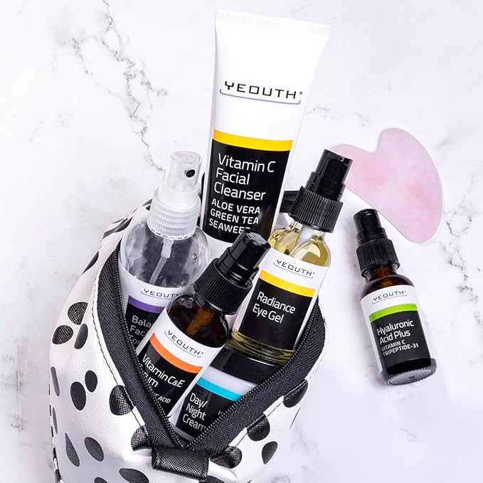 YEOUTH Skin Care Set: Hyaluronic Acid Serum, Vitamin C Serum, Face Cleanser, Toner, Under Eye Gel, Face Cream, 6-Piece Skincare Kit For Women & Men