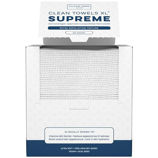 Clean Skin Club Clean Towels XL® Supreme, 100% USDA Biobased Face Towel, Disposable Face Towelette, Eczema Association Accepted, Makeup Remover Dry Wipes, Ultra Soft, 1 Pack, 50 Ct