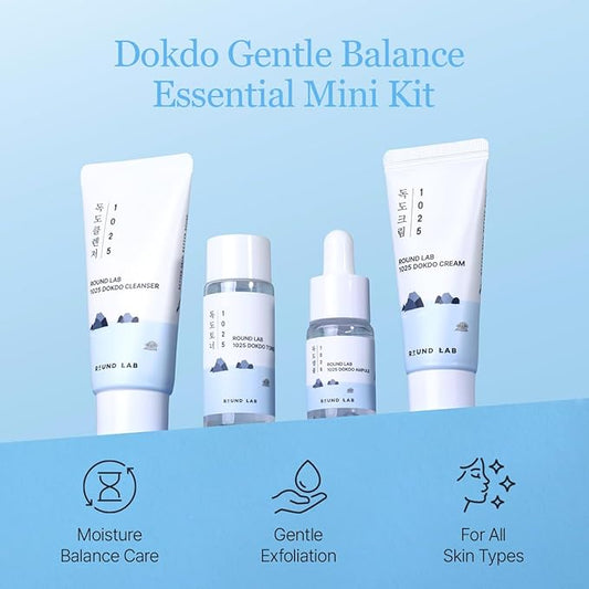 ROUND LAB 1025 Dokdo Hydrating Mini Size Kit (Cleanser, Toner, Serum, Cream) | Deep Hydration for Dry Skin | Gentle, Lightweight Routine for Daily Moisture & Soothing Care