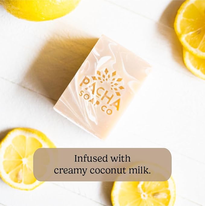 Pacha Soap Co. Bar Soap, Coconut Lemon, 5-Pack (4 oz ea) - Premium, Handcrafted, Hydrating, Natural Face Wash, Hand Cleanser, Body Wash, Soothing Essential Oils