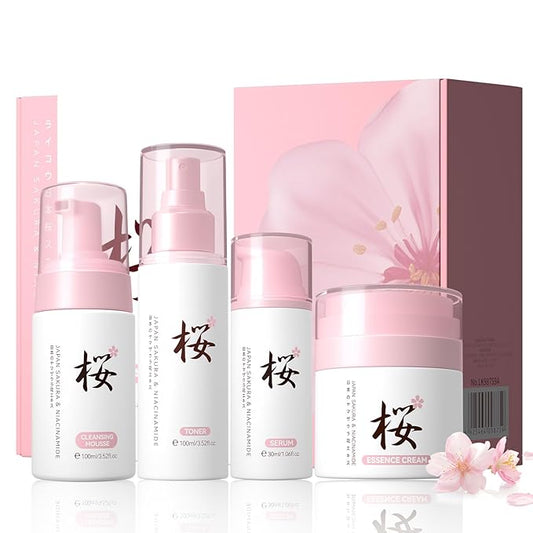 Sakura Skin Care Sets for Women & Teens, Brilliant Skin Rejuvenating Set, Cherry Blossom Skincare Kits with Cleanser, Toner, Serum, Cream, Hydrating Travel Size Facial Kit Hydrating Gifts Sets (4PCS)