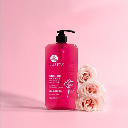 Luseta Rose Oil Body Wash Hydrating Moisturizing Shower Gel Cleansing and Nourishing for Dry Skin for Women & Men Sulfate-Free 33.8oz