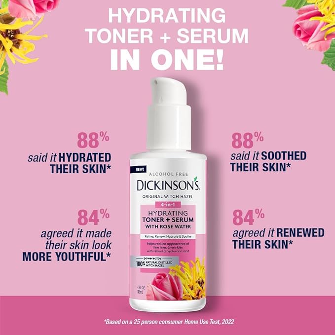 Dickinson's Original Witch Hazel Hydrating Toner + Serum with Rose Water | 100% Natural Distilled Witch Hazel | Alcohol-Free | Hydrates, Tones, Renews, and Soothes Skin | 4 Fl Oz