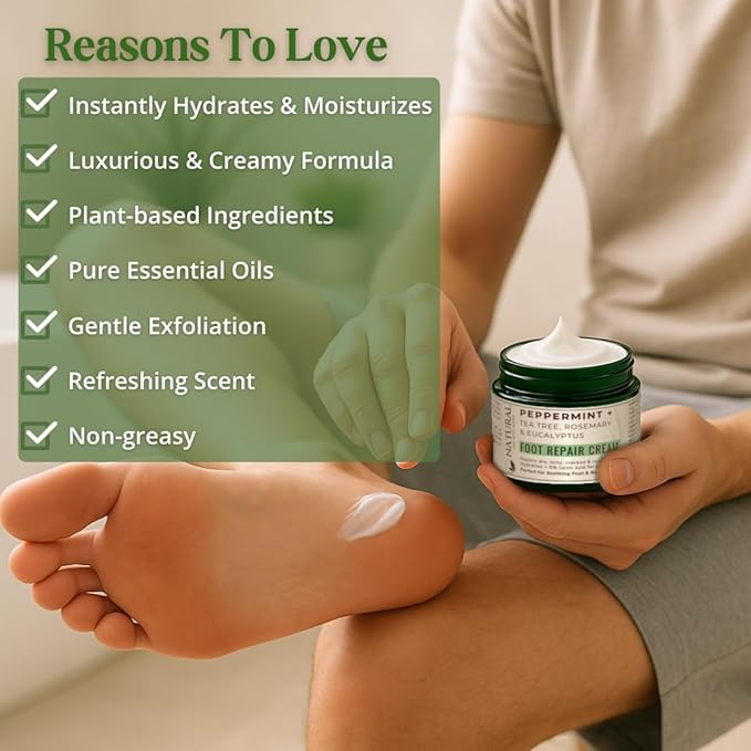 Peppermint + Rosemary, Eucalyptus & Tea Tree Foot Cream for Dry Cracked Heels and Feet - Moisturizing Foot Lotion for Cracked Heel Repair - Callus Remover with Lactic Acid (4 oz)