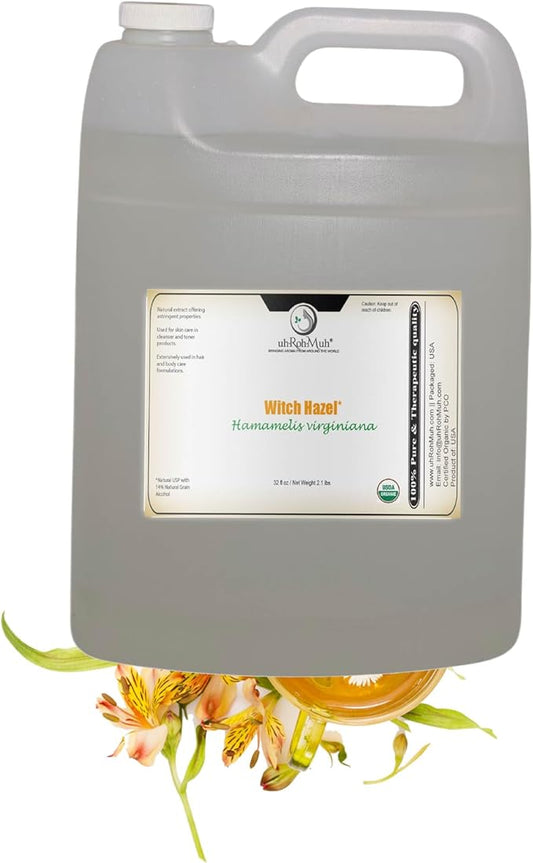 Organic Witch Hazel – 100% Pure Natural USP Astringent with 14% Alcohol | Hamamelis Virginiana Extract for Face, Skin, Hair & Wellness | Bulk & Gallon Options | 32 Fl Oz | Net Wt. 0.95 kg / 2.1 lb