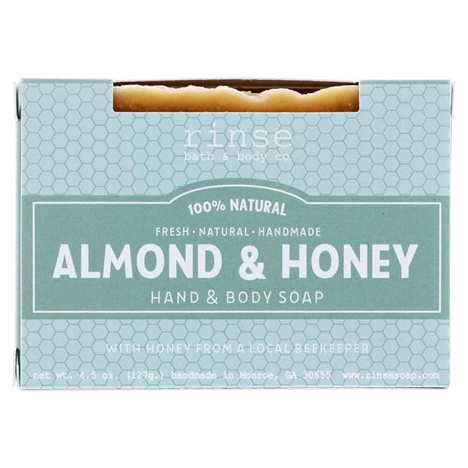 Rinse Bath & Body Almond and Honey Soap - Handmade Castile Soap w/Local Honey | Naturally Moisturizing Bar Soap | Shea & Cocoa Butter | Essential Oils | Natural Soap | Vegan | Gluten Free | 4.25oz