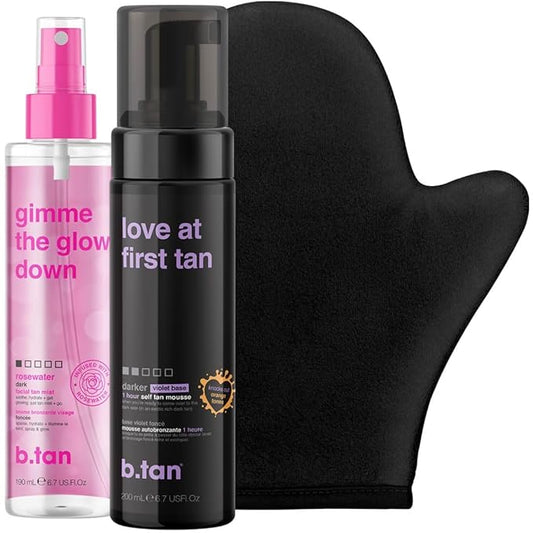 b.tan Violet Self Tan Foam & Face Mist Kit | Lovers Bundle - Dark Sunless Tanning Mousse, Bronzing Glow Gradual Facial + Body Spray, Mitt Applicator, 1 Hour Express, No Fake Tanner Smell, 6.7 Fl Oz