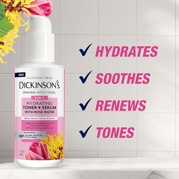 Dickinson's Original Witch Hazel Hydrating Toner + Serum with Rose Water | 100% Natural Distilled Witch Hazel | Alcohol-Free | Hydrates, Tones, Renews, and Soothes Skin | 4 Fl Oz