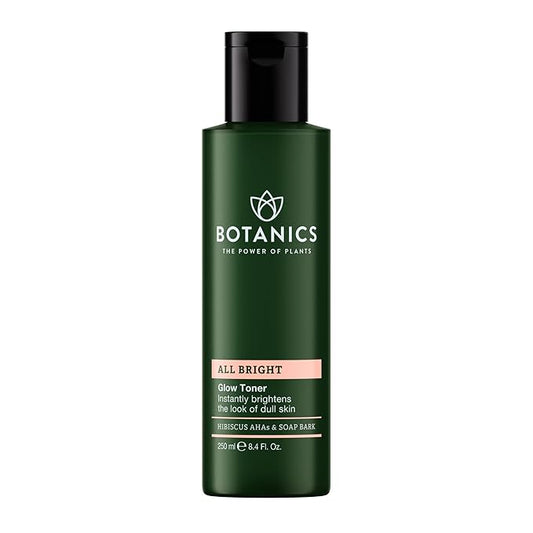 Botanics All Bright Glow Toner for Face - Enriched with Hibiscus AHA Exfoliant & Soap Bark - Non-Drying & Brightening - Vegan and Cruelty-Free Face Toner for Women & Men (8.4 Fl Oz)