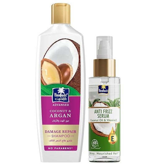 Parachute Advansed Anti-Frizz Hair Serum & Argan Shampoo Combo | Smooth, Nourished, Frizz-Free Hair | Pack of 2 | 6.4 fl oz + 11.4 Fl oz
