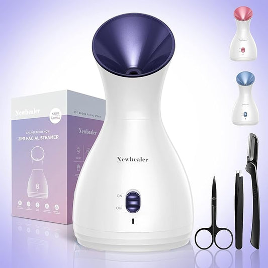 Newbealer 2in1 Facial Steamer, Hot Mist Facial Aromatherapy Humidifier Atomizer, Large Face Steamer Unclogs Pores Sinuses Moisturizing, Home Sauna Spa with Eyebrow Set (Purple, 170ml)