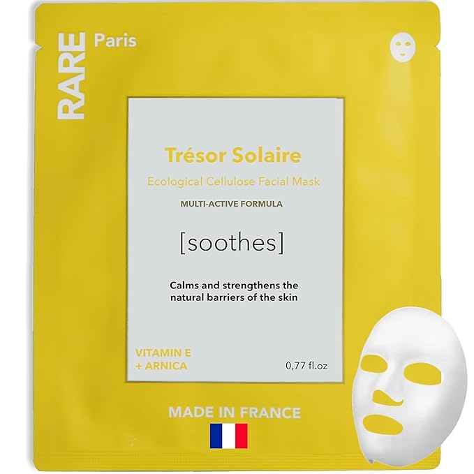 Trésor Solaire - Soothing Facial Sheet Mask - Soothing & Strengthening - With Vitamin E & Arnica - Multi-Active Serum Formula - Brightening, Firming & Revitalizing - 1 Pack