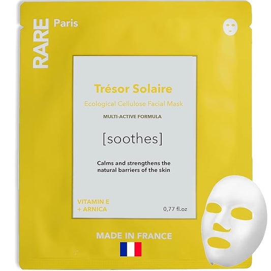 Trésor Solaire - Soothing Facial Sheet Mask - Soothing & Strengthening - With Vitamin E & Arnica - Multi-Active Serum Formula - Brightening, Firming & Revitalizing - 1 Pack
