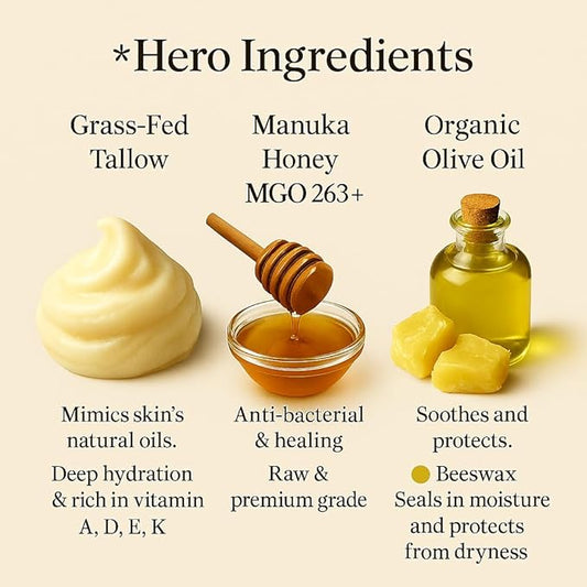 100% Grass-Fed Beef Tallow Balm, Manuka Honey MGO263+, Organic Beeswax & Olive Oil, Beef Tallow for skin,Handmade Moisturizer for Dry Skin, Eczema Relief, & Healing Skin(2oz, Vanilla)