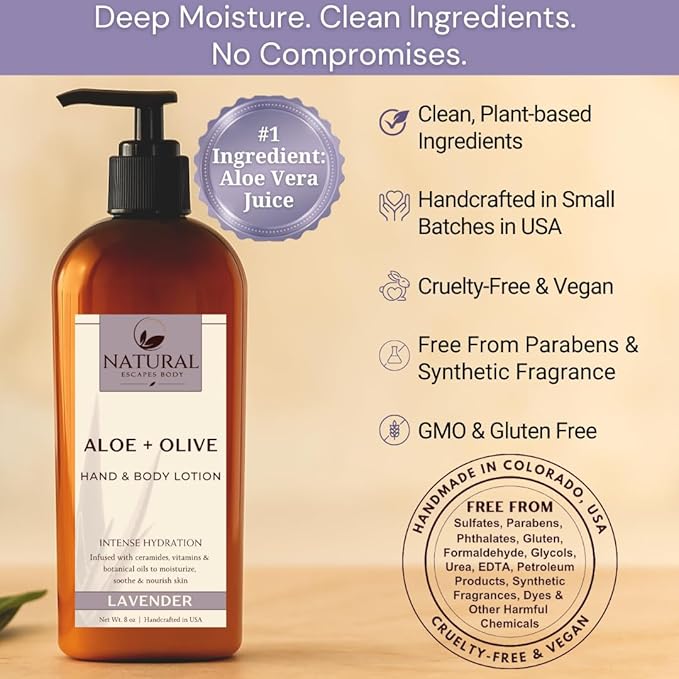 Lavender Body Lotion for Dry Sensitive Skin, Eczema Relief Moisturizer with Aloe Vera, Olive Oil, Ceramides, Vitamin B5 and E, Hand and Body Cream for Women and Men, 8oz